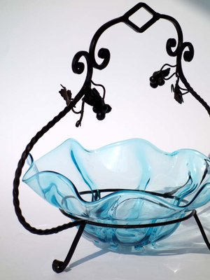 Antique Art Nouveau Italian Glass & Wrought Iron Bowl-GKB-563809