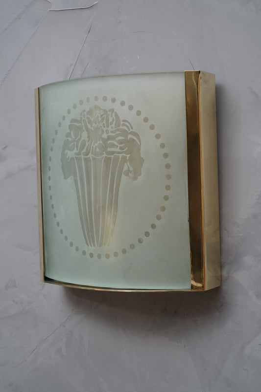 Antique Art Nouveau Square Murano Glass and Brass Wall Light, 1910, Set of 2