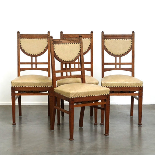 Antique Art Nouveau Style Dining Chairs with Light Skai Leather Upholstery, Set of 4