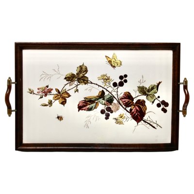 Antique Art Nouveau Tray with Tile Panel and Floral Decoration, 1905s-MJY-1148776