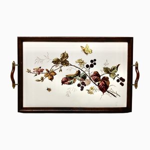 Antique Art Nouveau Tray with Tile Panel and Floral Decoration, 1905s-MJY-1148776