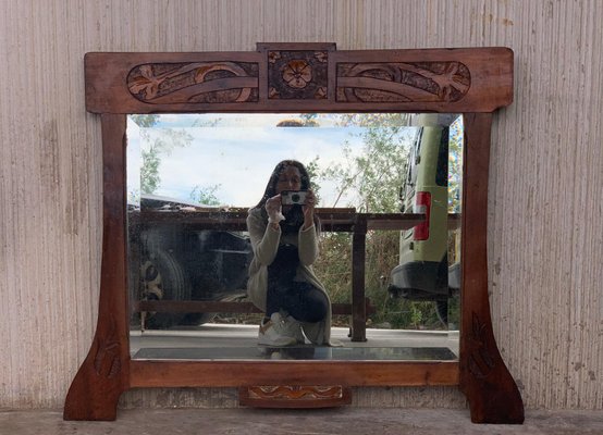 Antique Arts & Crafts Carved Oak Wall Mirror, 1920s-PSK-1002624