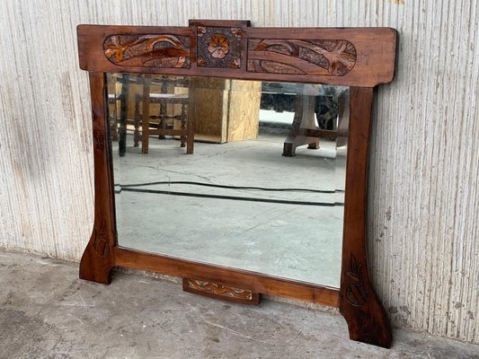 Antique Arts & Crafts Carved Oak Wall Mirror, 1920s-PSK-1002624