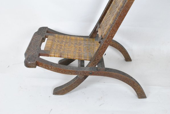 Antique Asian Carved Exotic Wood & Cannage Folding Chair-SYQ-1057702