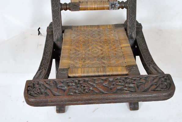 Antique Asian Carved Exotic Wood & Cannage Folding Chair-SYQ-1057704