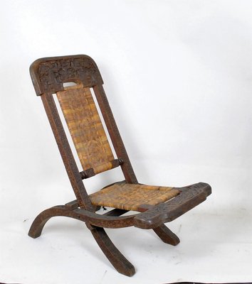 Antique Asian Carved Exotic Wood & Cannage Folding Chair-SYQ-1057702