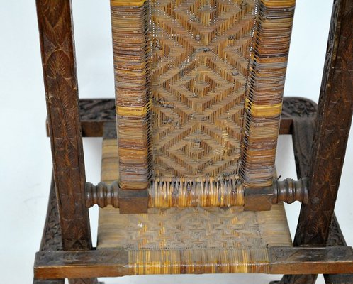 Antique Asian Carved Exotic Wood & Cannage Folding Chair-SYQ-1057704