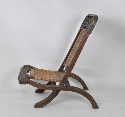 Antique Asian Carved Exotic Wood & Cannage Folding Chair-SYQ-1057702