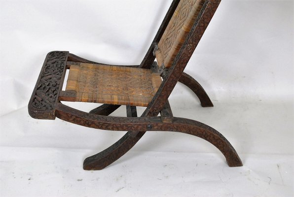 Antique Asian Carved Exotic Wood & Cannage Folding Chair-SYQ-1057704