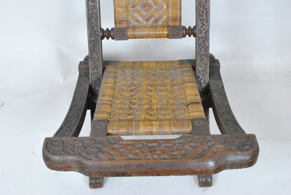 Antique Asian Carved Exotic Wood & Cannage Folding Chair-SYQ-1057702