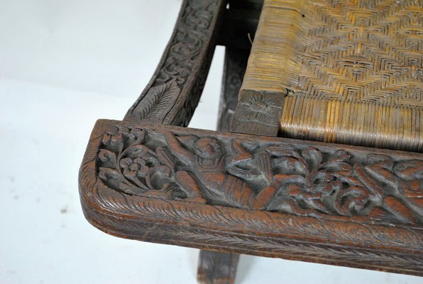 Antique Asian Carved Exotic Wood & Cannage Folding Chair-SYQ-1057704