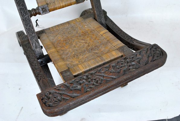 Antique Asian Carved Exotic Wood & Cannage Folding Chair-SYQ-1057704