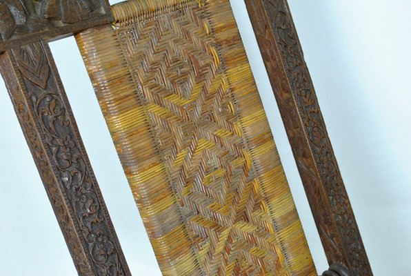 Antique Asian Carved Exotic Wood & Cannage Folding Chair-SYQ-1057702