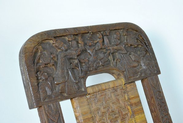 Antique Asian Carved Exotic Wood & Cannage Folding Chair-SYQ-1057702