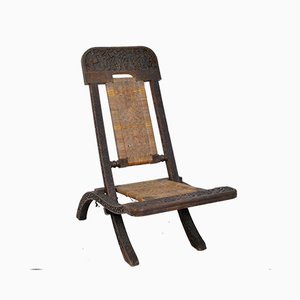 Antique Asian Carved Exotic Wood & Cannage Folding Chair-SYQ-1057704