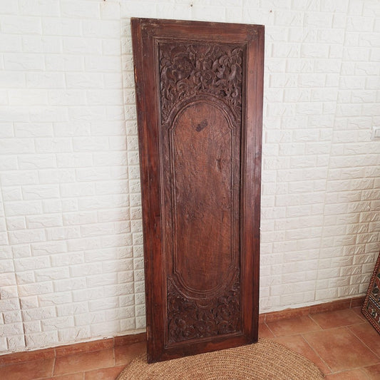 Antique Balinese Teak Door Panel with Floral Carving