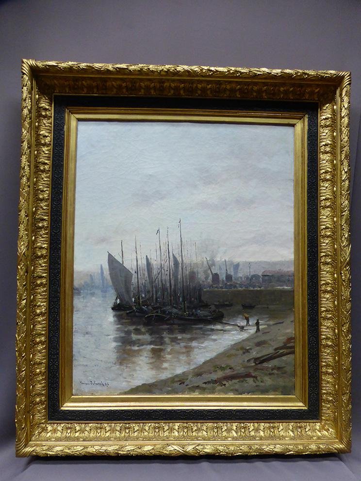 Antique Bateaux Au Port French School Painting by Hermann Delpech