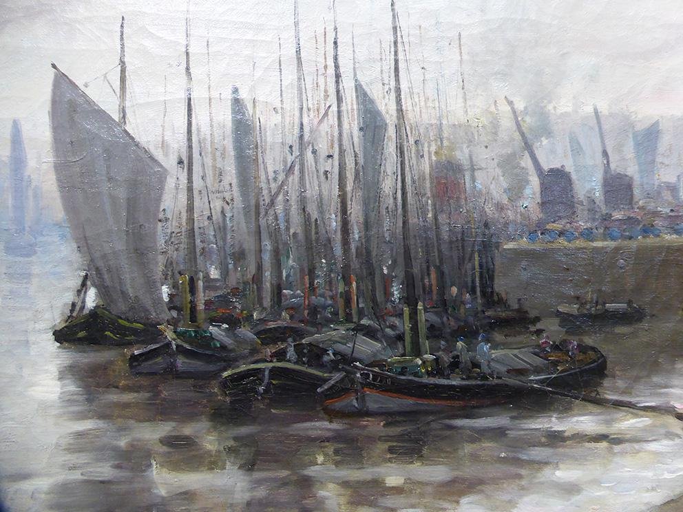 Antique Bateaux Au Port French School Painting by Hermann Delpech