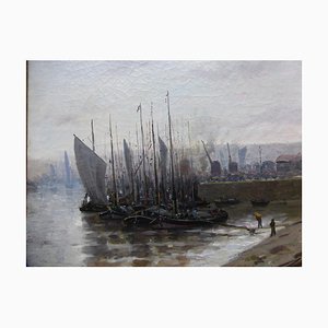 Antique Bateaux Au Port French School Painting by Hermann Delpech-WSV-605222