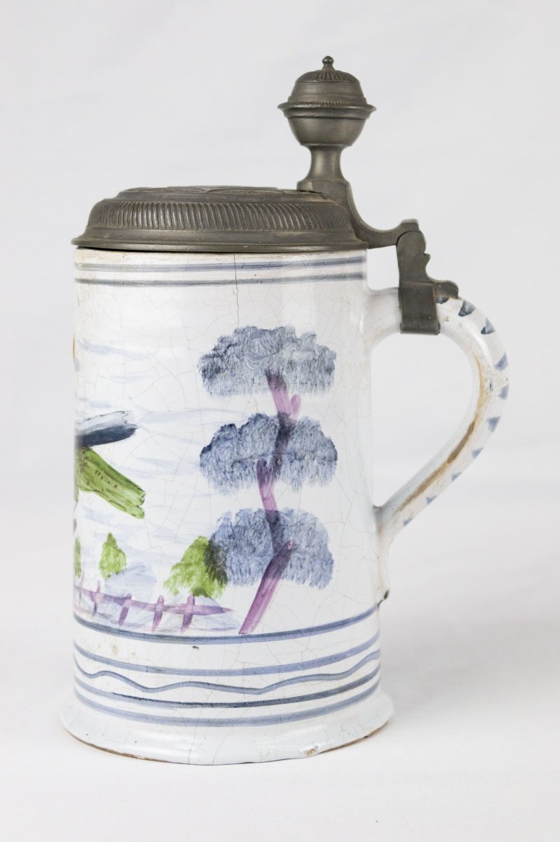 Antique Beer Mug Painted with Nature Theme, 19th Century