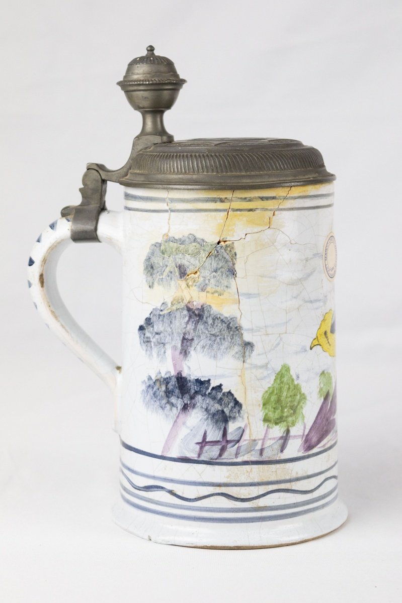 Antique Beer Mug Painted with Nature Theme, 19th Century