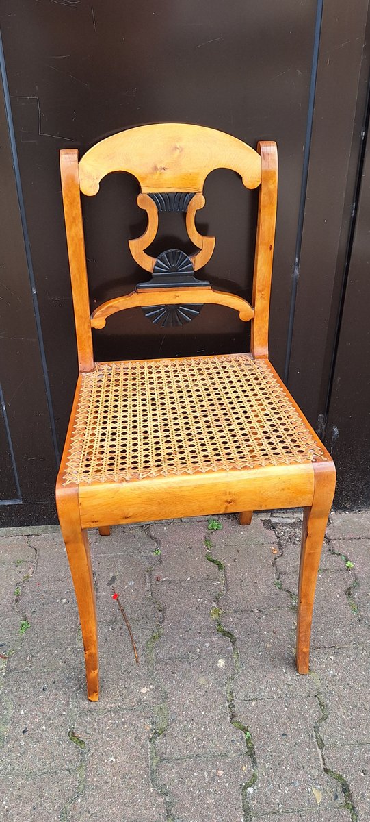 Antique Biedermeier Chair in Yellow-Brown Maple with Ebonized Elements, Lyre Motif and Seat Weave, 1830s