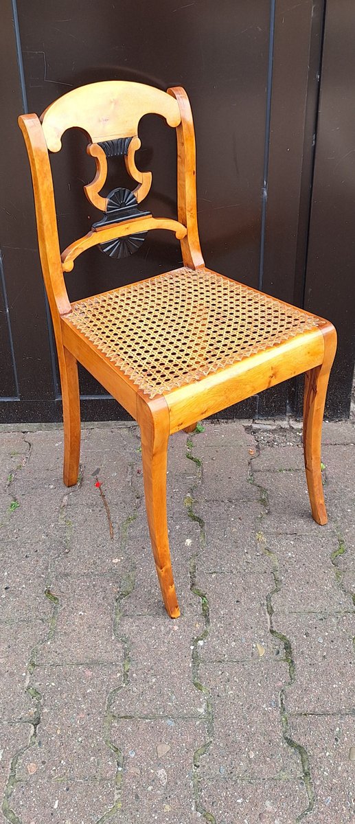 Antique Biedermeier Chair in Yellow-Brown Maple with Ebonized Elements, Lyre Motif and Seat Weave, 1830s