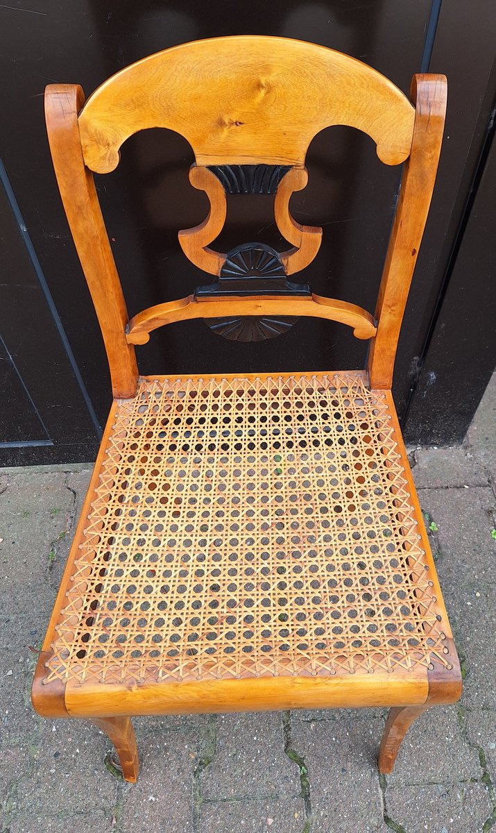 Antique Biedermeier Chair in Yellow-Brown Maple with Ebonized Elements, Lyre Motif and Seat Weave, 1830s