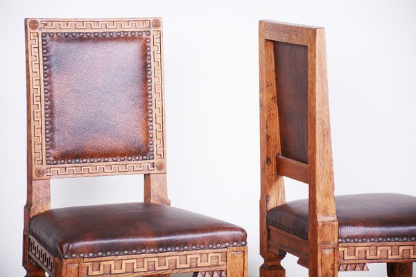 Antique Biedermeier Chairs in Oak and Leather, 1800s, Set of 2-WHY-1768662