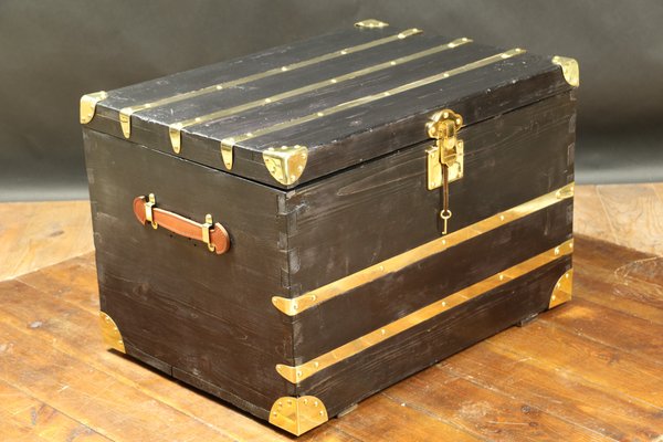 Antique Black Trunk with Inlaid Brass-EMZ-832638