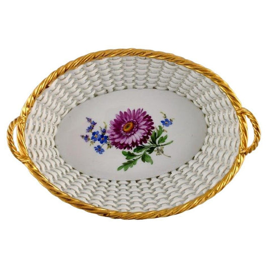 Antique Braided Basket with Handles in Porcelain from Meissen