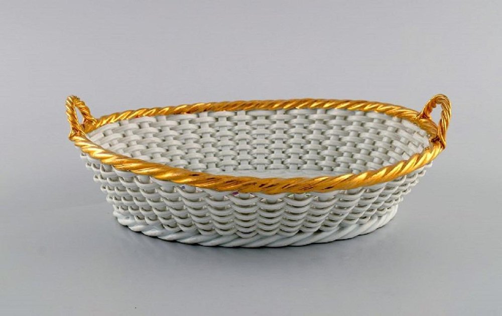 Antique Braided Basket with Handles in Porcelain from Meissen