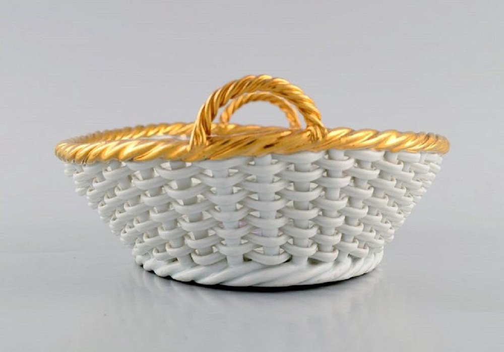 Antique Braided Basket with Handles in Porcelain from Meissen