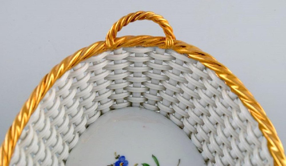 Antique Braided Basket with Handles in Porcelain from Meissen