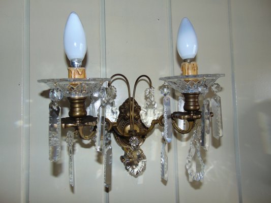 Antique Brass and Crystal Double Sconce-CAQ-602777