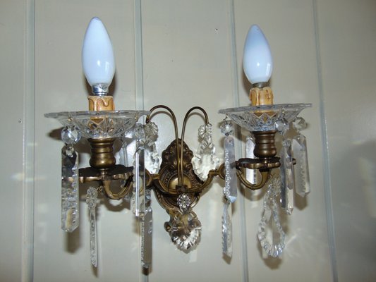 Antique Brass and Crystal Double Sconce-CAQ-602777