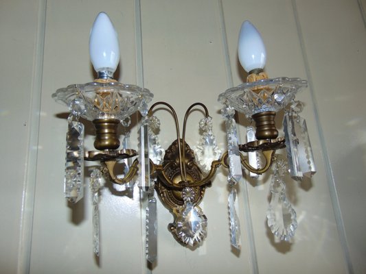 Antique Brass and Crystal Double Sconce-CAQ-602777