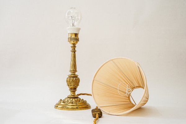 Antique Brass Table Lamp with Fabric Shade, 1890s-SPD-2035848