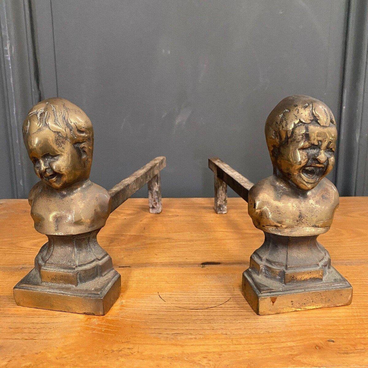 Antique Bronze Andirons Representing Two Loves, Set of 2