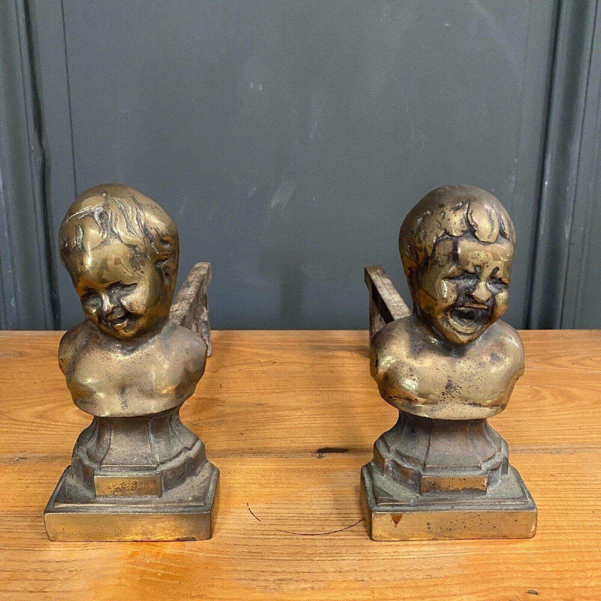 Antique Bronze Andirons Representing Two Loves, Set of 2