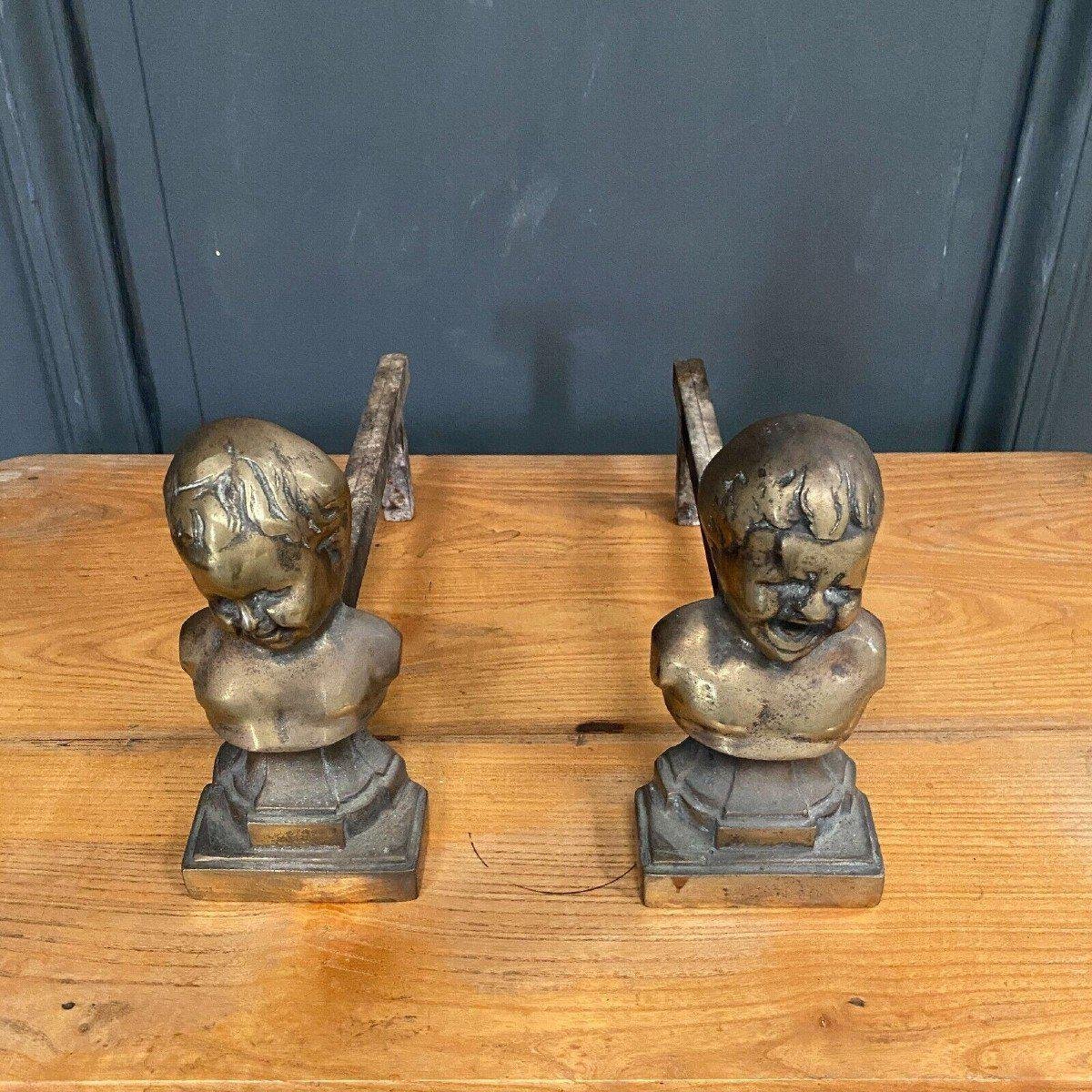 Antique Bronze Andirons Representing Two Loves, Set of 2