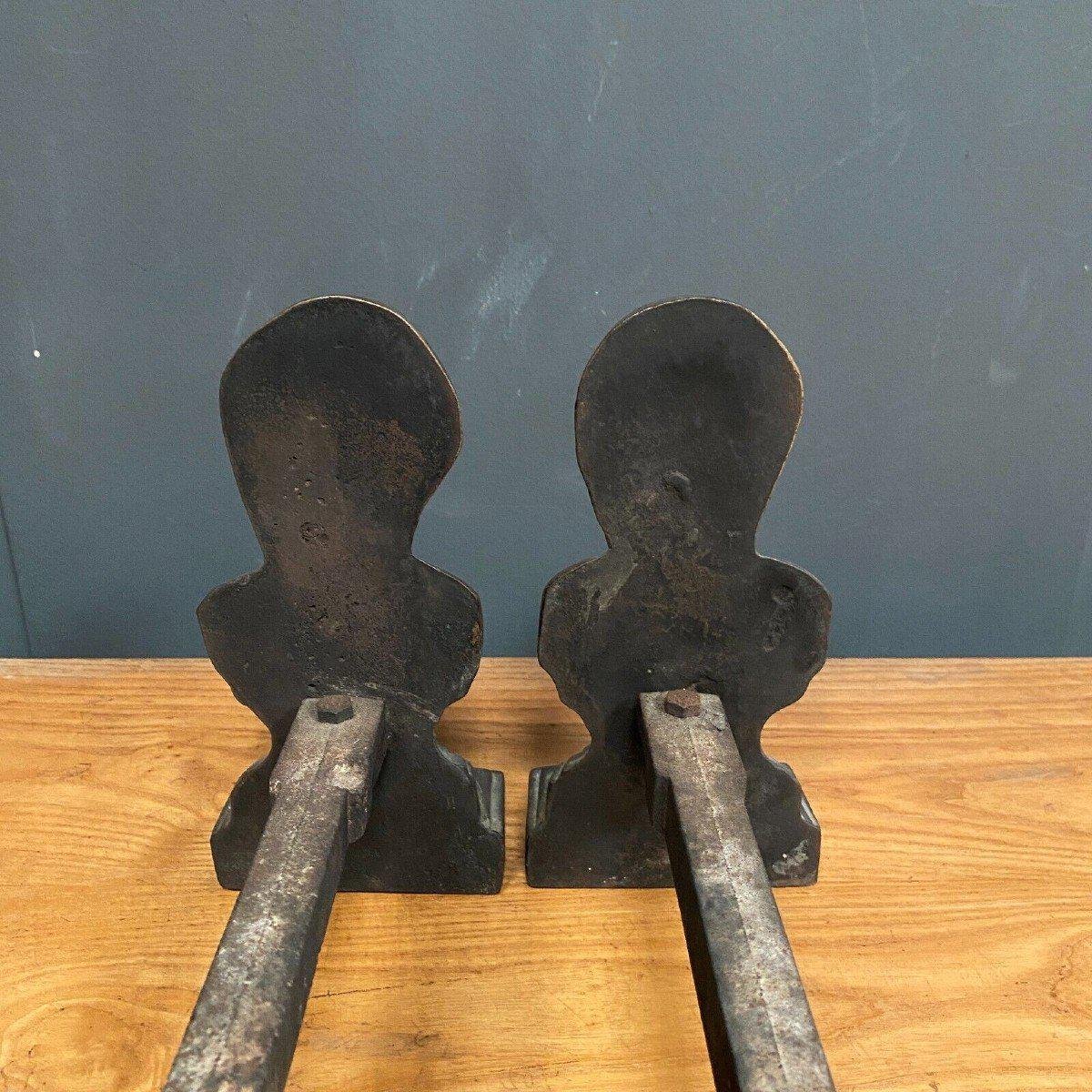 Antique Bronze Andirons Representing Two Loves, Set of 2