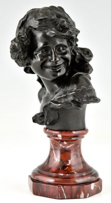 Antique Bronze Bust of a Smiling Child by Jean Antoine Injalbert, France, 1900s-KTN-1283246