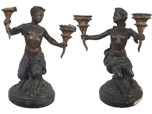 Antique Bronze Faunus Candleholders with Marble Base, 1800s, Set of 2-TCS-1342076