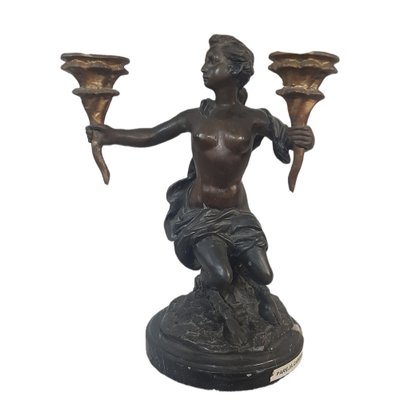 Antique Bronze Faunus Candleholders with Marble Base, 1800s, Set of 2-TCS-1342076