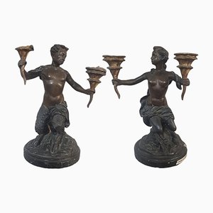 Antique Bronze Faunus Candleholders with Marble Base, 1800s, Set of 2-TCS-1342076