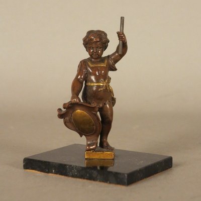 Antique Bronze Putti Sculpture with Shield and Staff on Marble Base-WK-669683