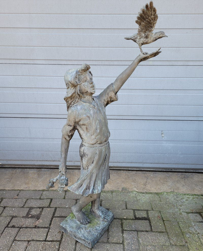 Antique Bronze Statue of Girl with Bird