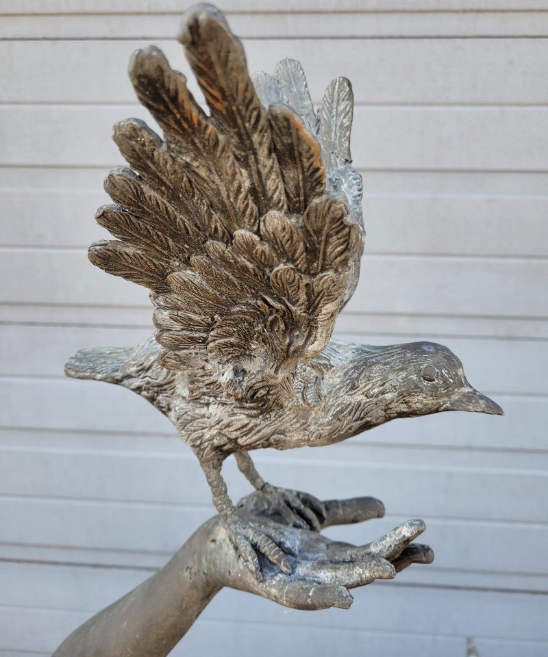 Antique Bronze Statue of Girl with Bird