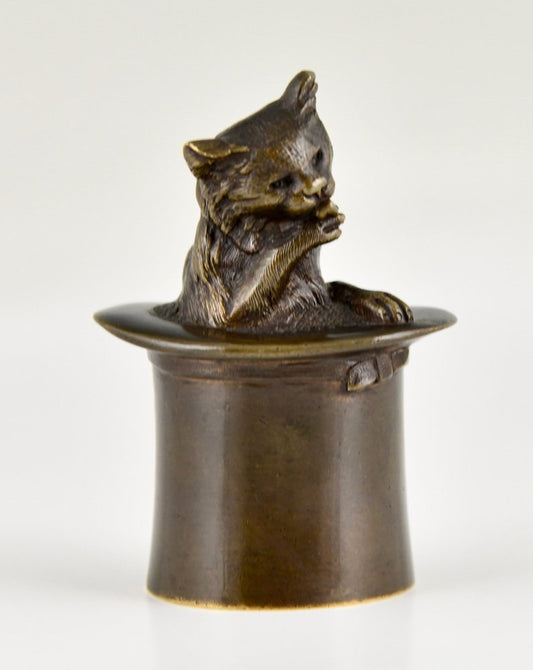 Antique Bronze Table Bell Depicting Cat in a Top Hat, 1880